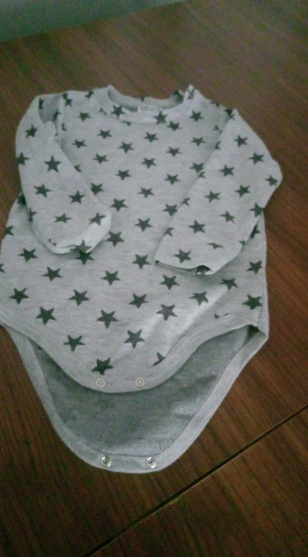 Gri Uzun Kollu Yıldız Desenli Bebek Body - Görsel 4