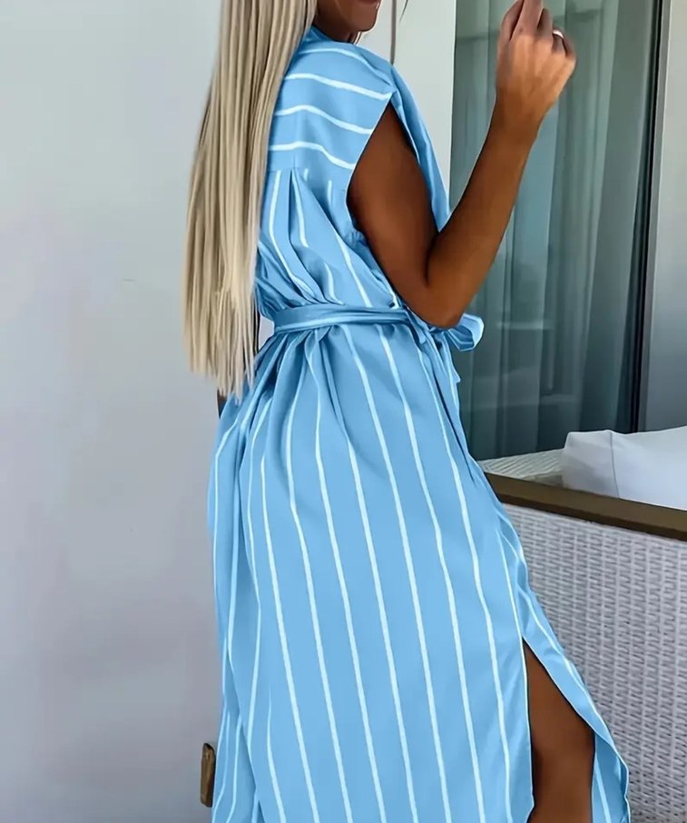 Mavi Çizgili Kuşaklı Uzun Kadın Elbise - Görsel 2