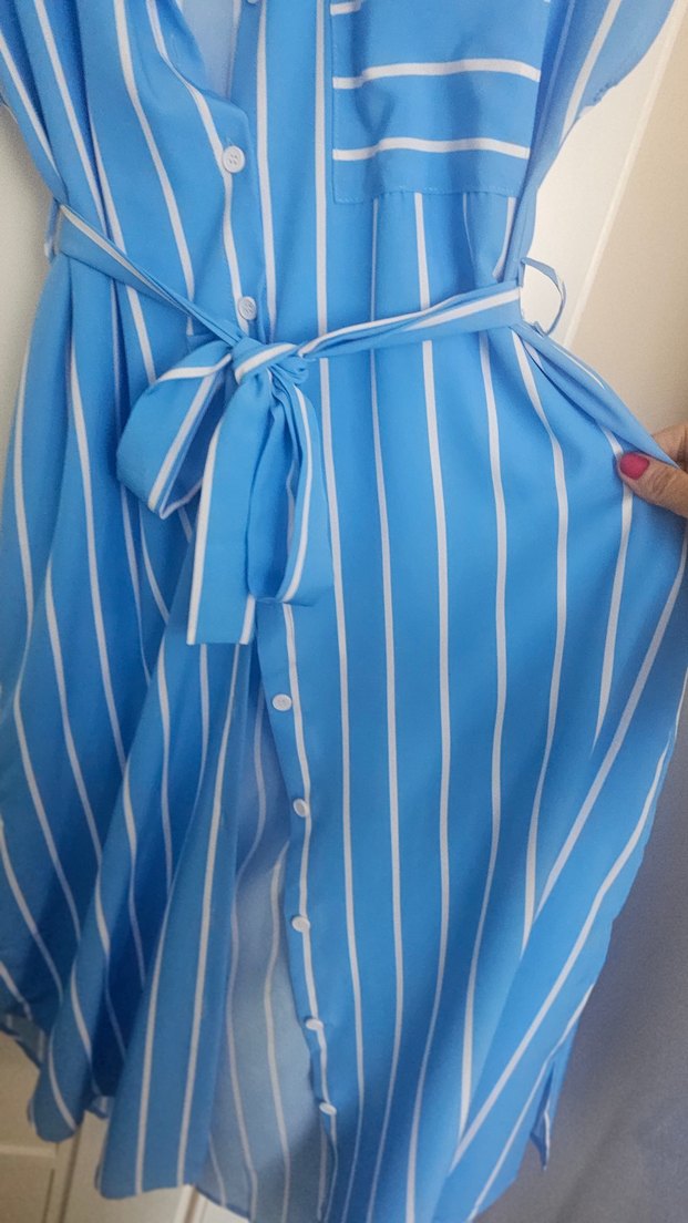 Mavi Çizgili Kuşaklı Uzun Kadın Elbise - Görsel 4