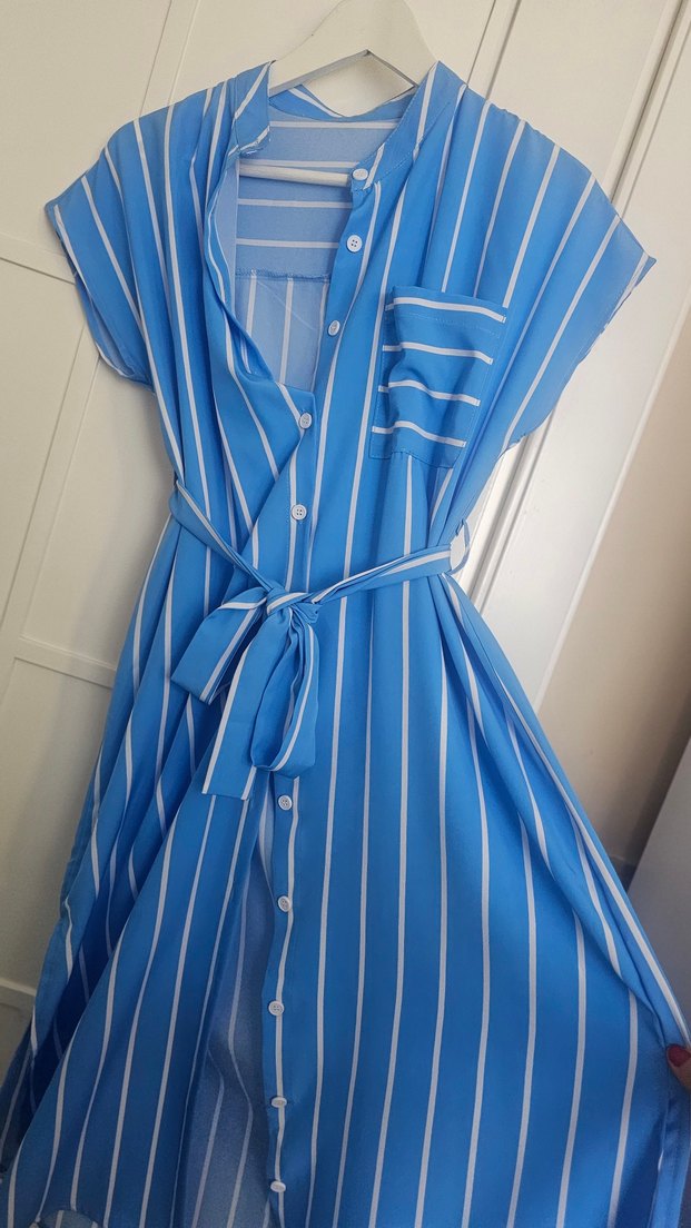 Mavi Çizgili Kuşaklı Uzun Kadın Elbise - Görsel 3