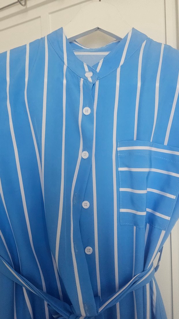 Mavi Çizgili Kuşaklı Uzun Kadın Elbise - Görsel 5