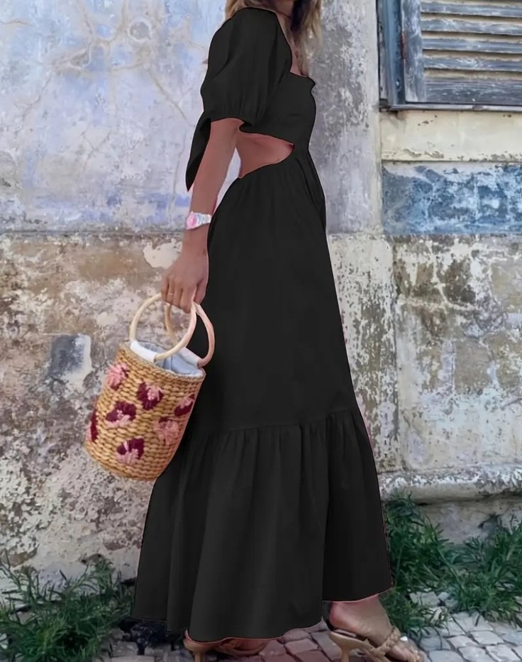 Siyah sırt dekolteli Uzun Bohem Elbise - Görsel 3