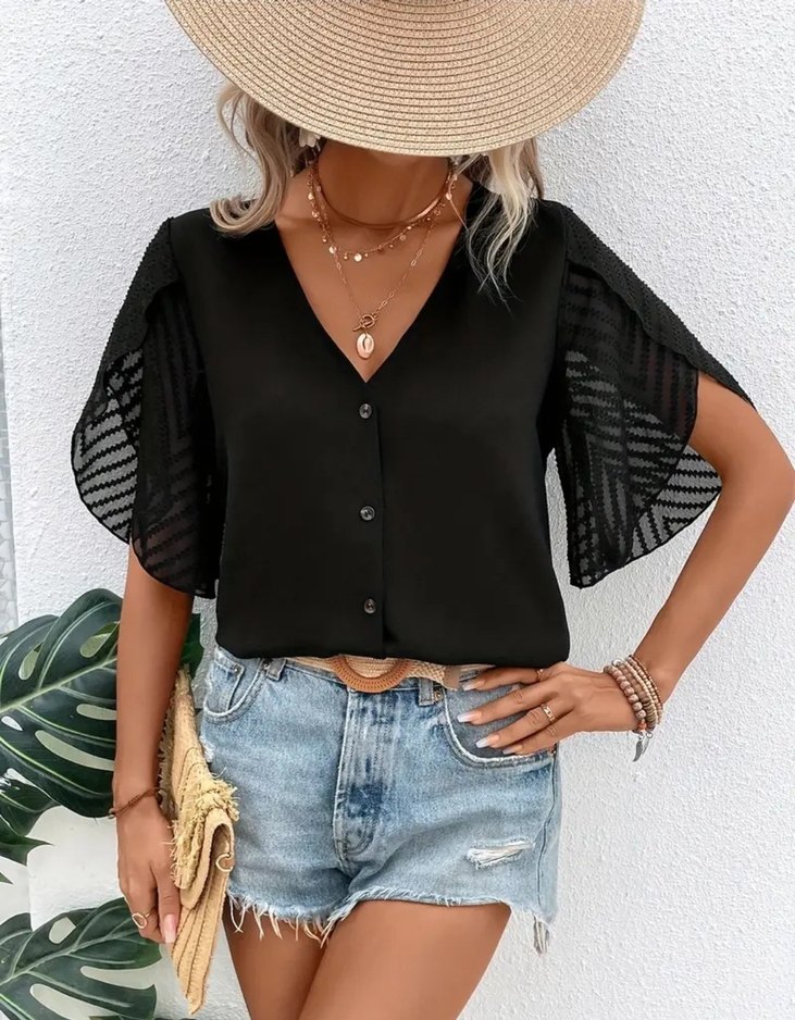 Siyah V Yakalı Düğmeli  Bluz - Görsel 3