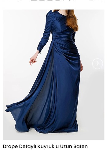 Zühre Drape Detaylı Kuyruklu Uzun Saten Elbise