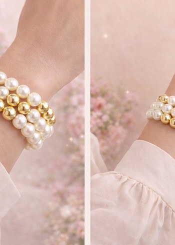 Beyaz ve Altın Boncuklu Kadın Bileklik - Görsel 3