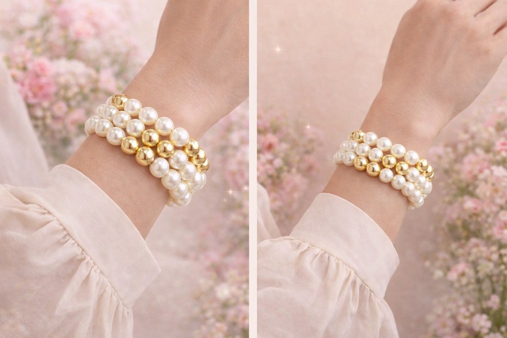 Beyaz ve Altın Boncuklu Kadın Bileklik - Görsel 3