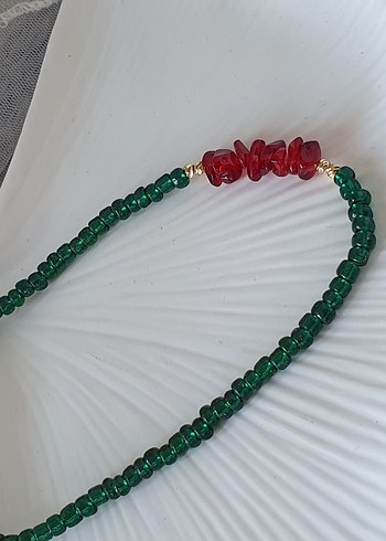 Uzun Yeşil Boncuklu ve NAR TAŞLI Kadın Kolye - Görsel 5