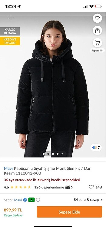 Mavi Kapüşonlu Siyah Şişme Mont Slim Fit