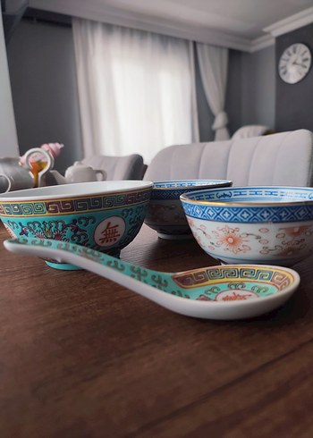 Renkli Desenli Turkuaz Tabak ve Kaşık Seti - Görsel 3