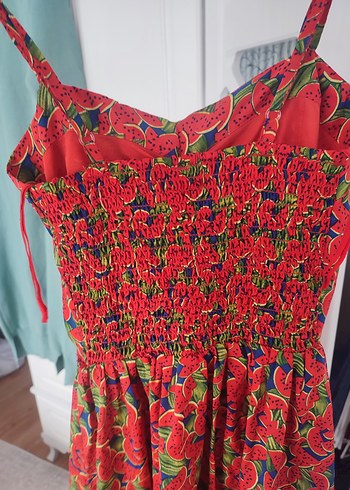 Renkli Desenli Kırmızı elbise - Görsel 3