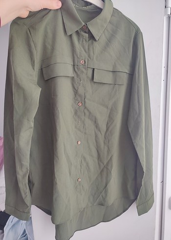 Düğmeli Kadın Haki Keten Gömlek - Görsel 2