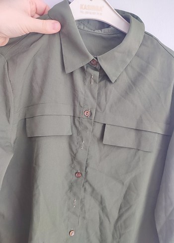 Düğmeli Kadın Haki Keten Gömlek - Görsel 3