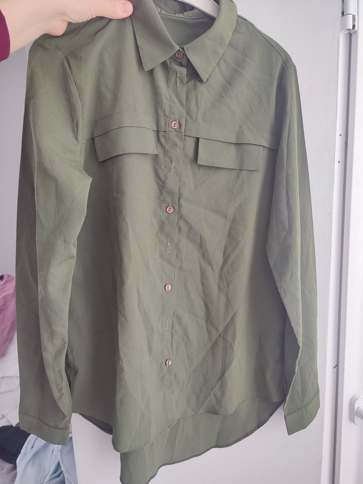 Düğmeli Kadın Haki Keten Gömlek - Görsel 2