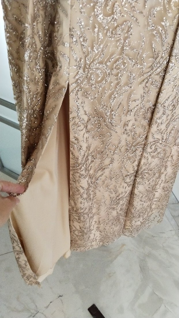 Bej İşlemeli Uzun Abiye Elbise - Görsel 4