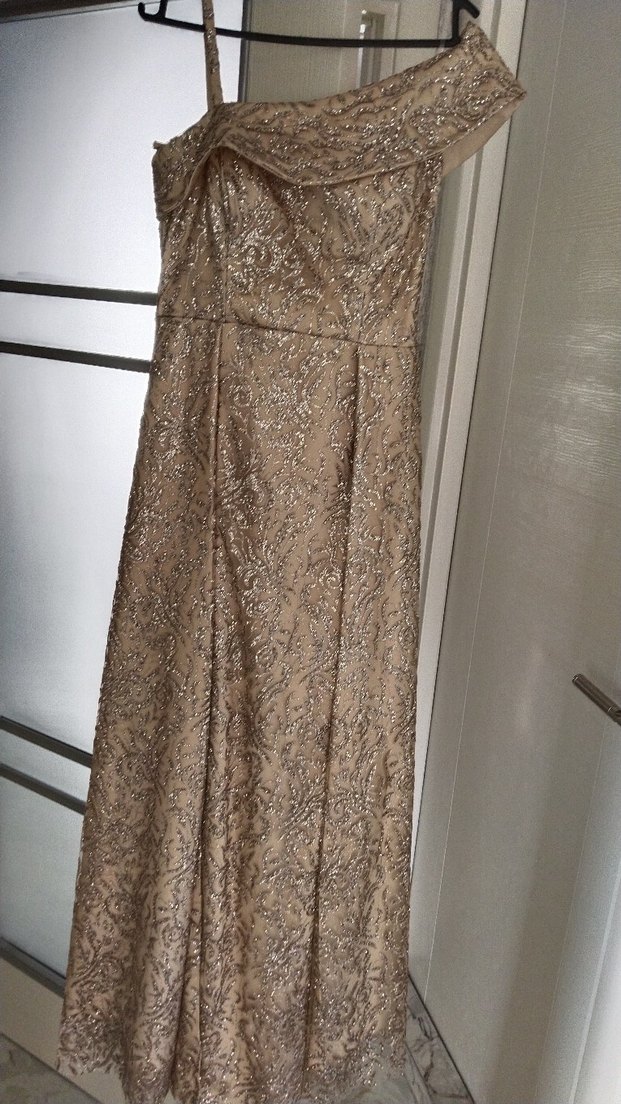 Bej İşlemeli Uzun Abiye Elbise - Görsel 2