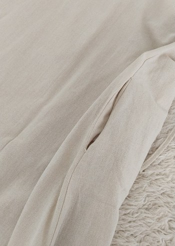 Bej Keten Midi V Yakalı Askılı Elbise - Görsel 8