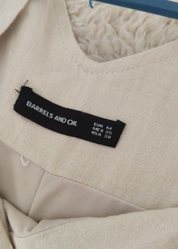 Bej Keten Midi V Yakalı Askılı Elbise - Görsel 4