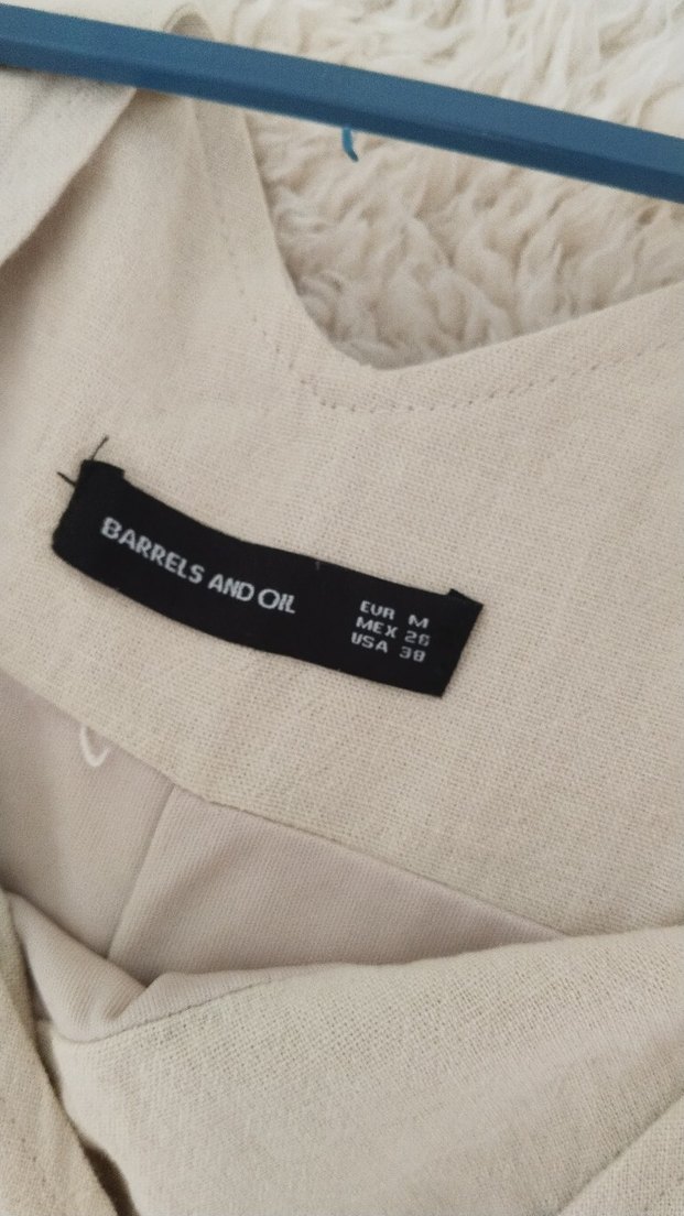 Bej Keten Midi V Yakalı Askılı Elbise - Görsel 4