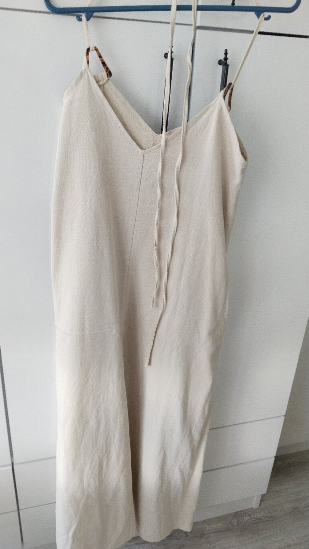 Bej Keten Midi V Yakalı Askılı Elbise - Görsel 2