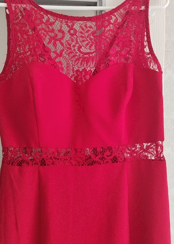 Kırmızı Dantel Detaylı Uzun Abiye Elbise - Görsel 6