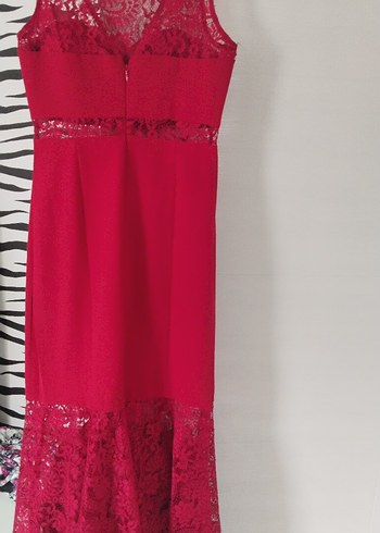 Kırmızı Dantel Detaylı Uzun Abiye Elbise - Görsel 8