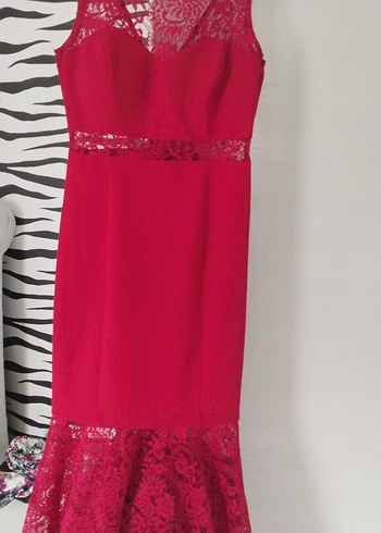 Kırmızı Dantel Detaylı Uzun Abiye Elbise - Görsel 10