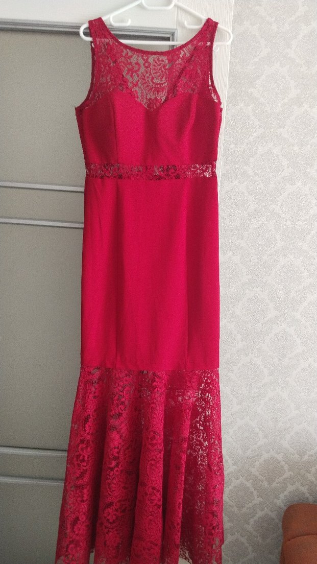 Kırmızı Dantel Detaylı Uzun Abiye Elbise - Görsel 2