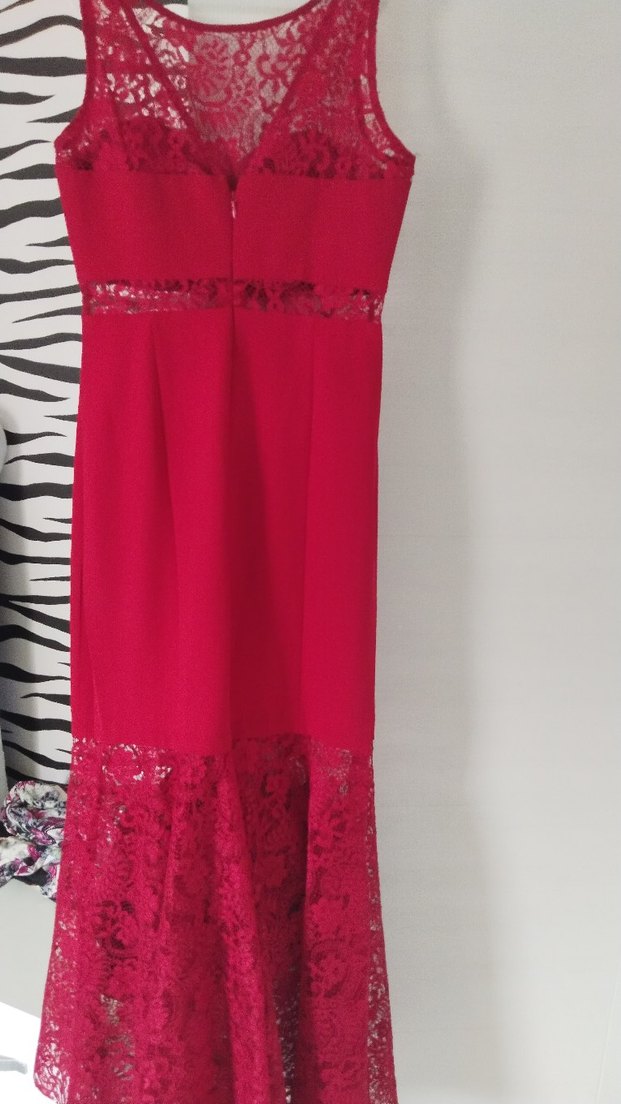 Kırmızı Dantel Detaylı Uzun Abiye Elbise - Görsel 3