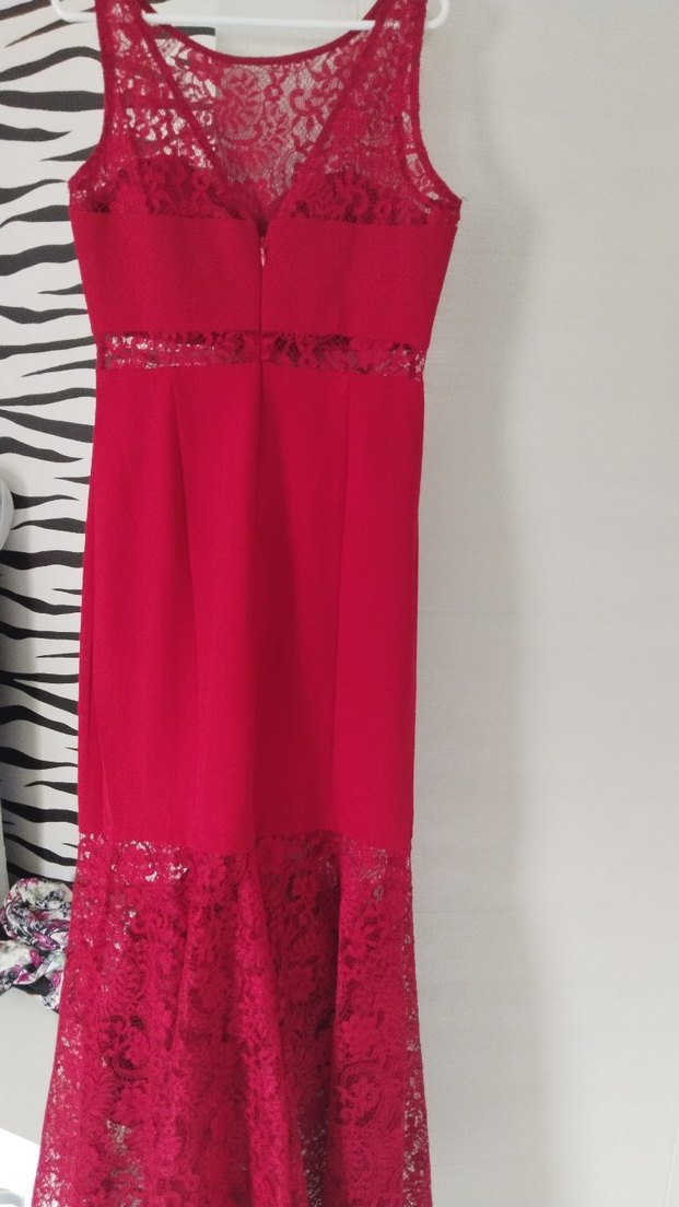 Kırmızı Dantel Detaylı Uzun Abiye Elbise - Görsel 4