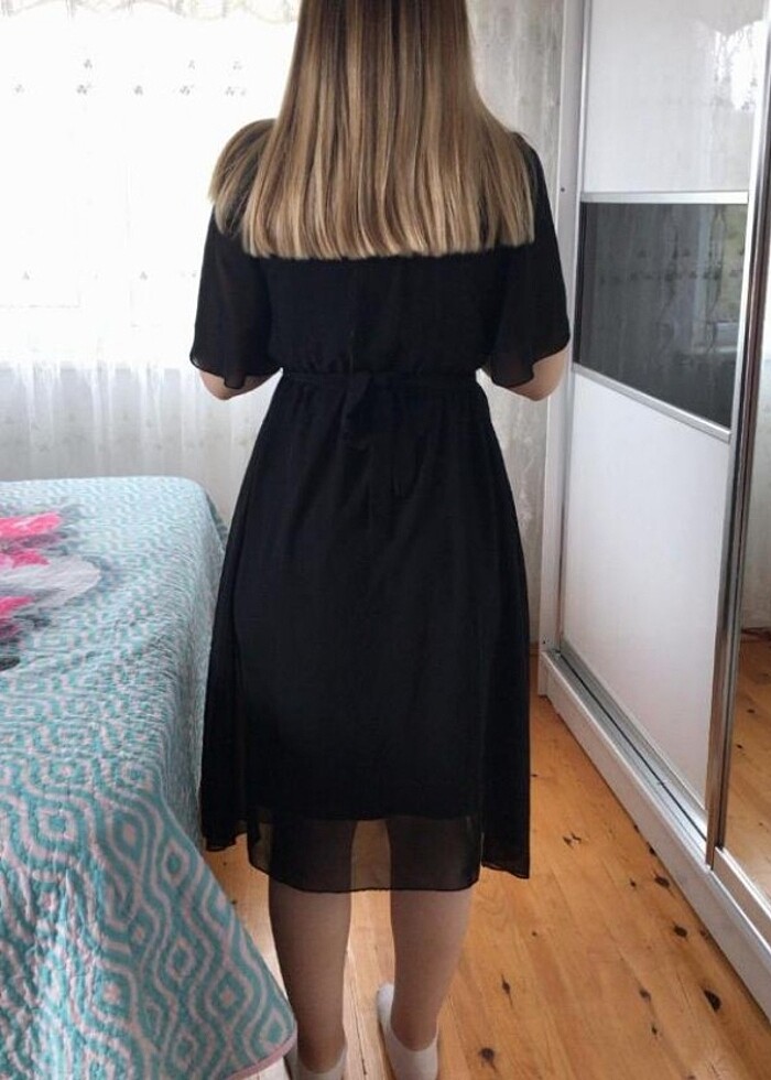 Şifon siyah kısa elbise  - Görsel 3