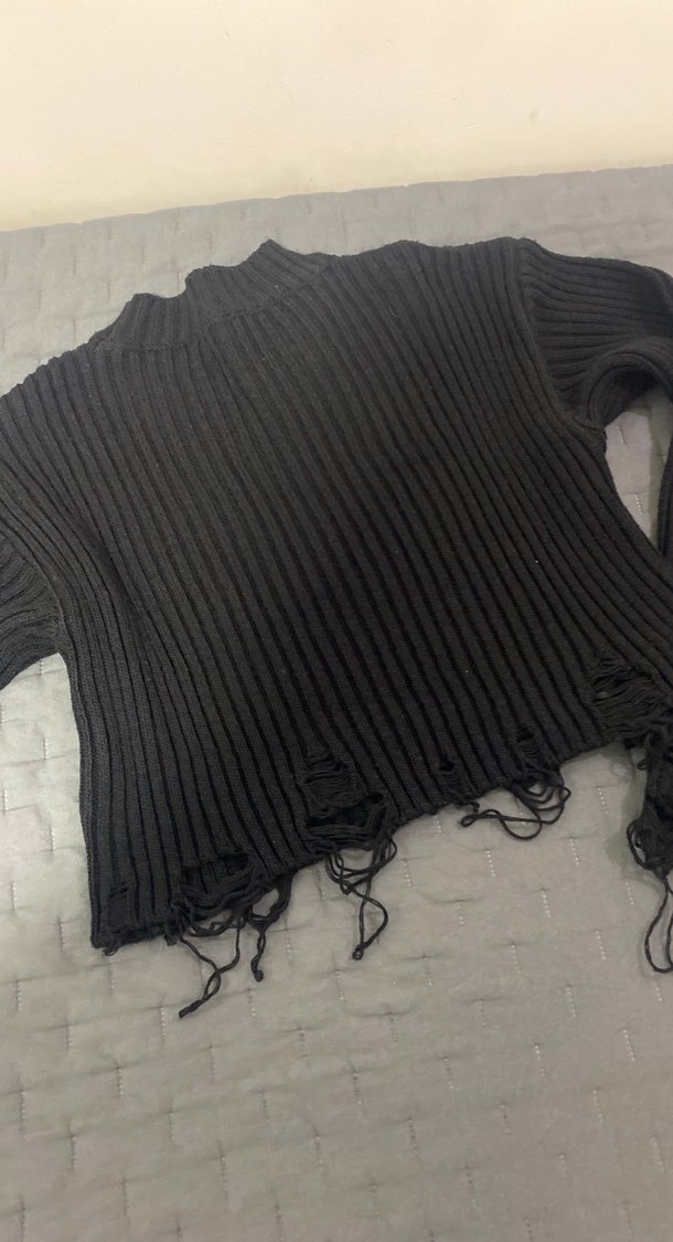 Siyah Örgü Kadın Kazak, Uzun Kollu, Rahat Kesim - Görsel 4