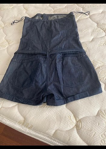 Kadın Lacivert Kemerli Jean Mini Tulum - Görsel 3