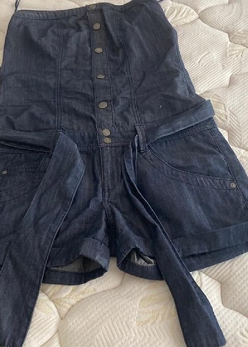 Kadın Lacivert Kemerli Jean Mini Tulum - Görsel 6