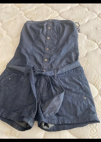 Kadın Lacivert Kemerli Jean Mini Tulum - Görsel 5