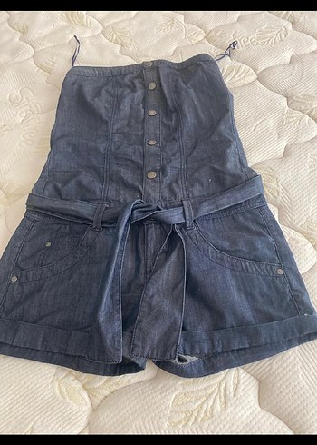 Kadın Lacivert Kemerli Jean Mini Tulum - Görsel 4