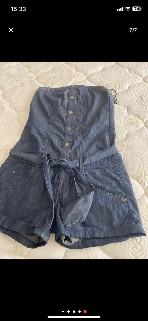 Kadın Lacivert Kemerli Jean Mini Tulum - Görsel 5