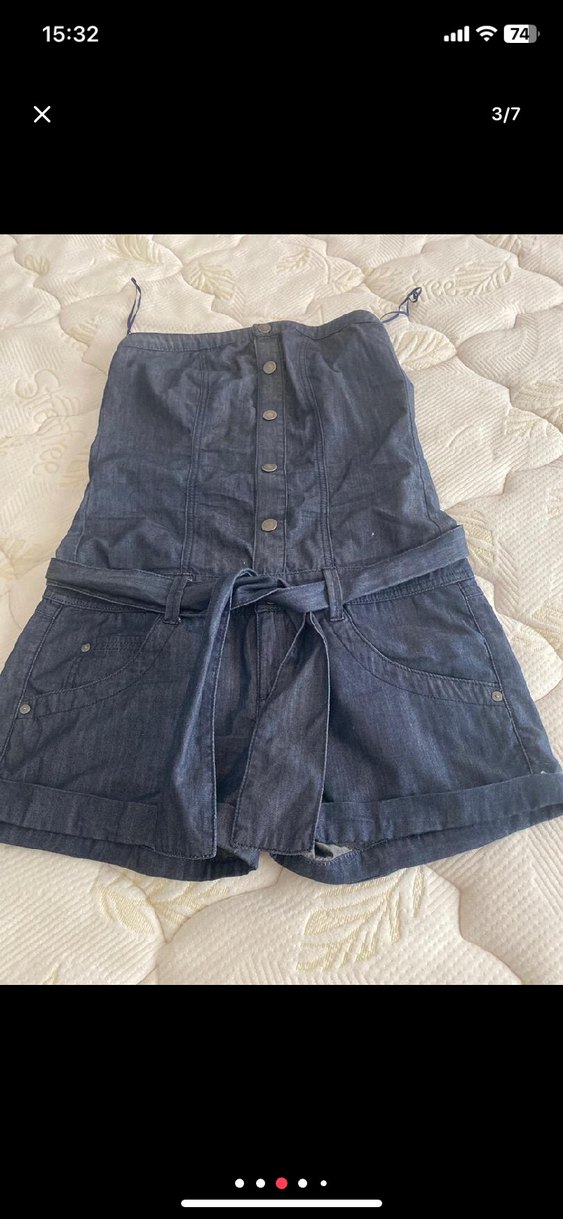 Kadın Lacivert Kemerli Jean Mini Tulum - Görsel 4