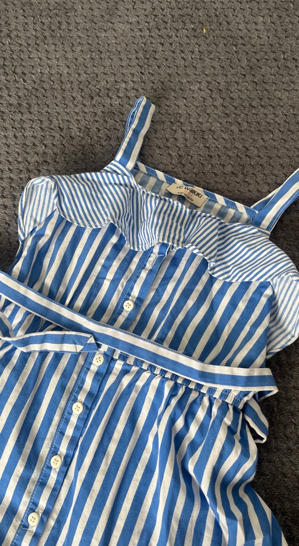 Mavi Çizgili Kız Çocuk Askılı Elbise - Görsel 2