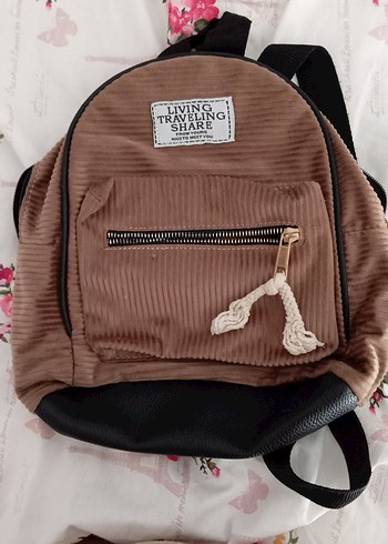Kahverengi Kadife Fermuarlı Mini Sırt Çantası