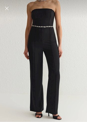 Siyah Straplez Taşlı Kadın Tulum - Görsel 2