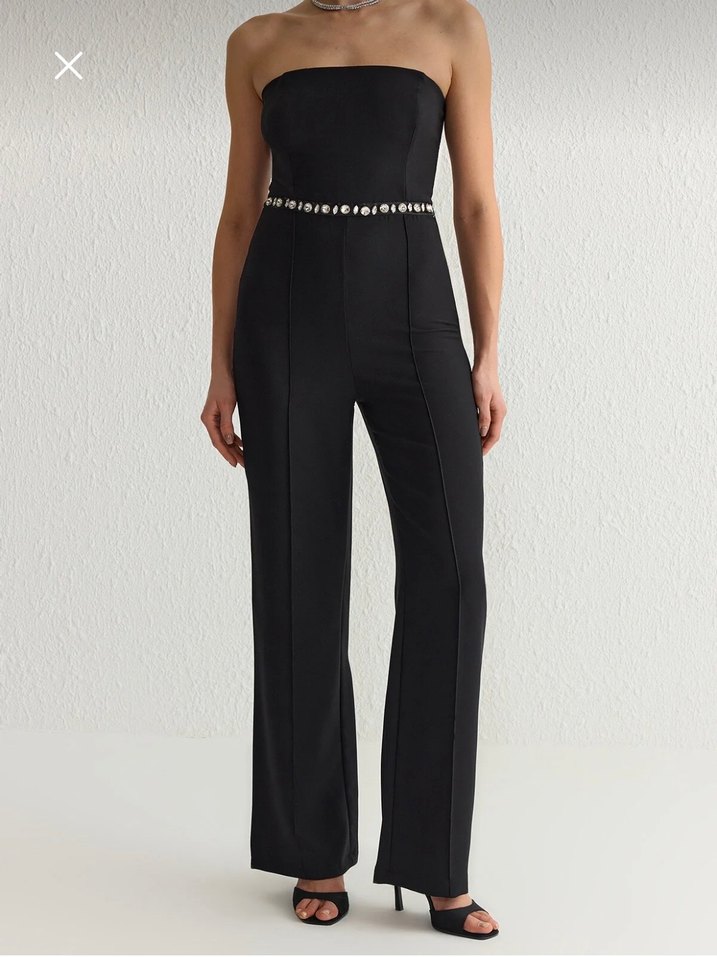 Siyah Straplez Taşlı Kadın Tulum - Görsel 2