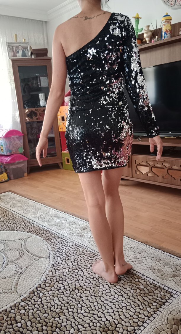 Parlak Gri Mini Gece Elbisesi - Görsel 2