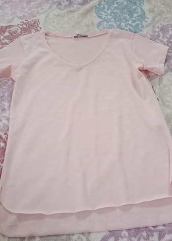 Pembe V Yakalı Kadın Kısa Kollu Tişört