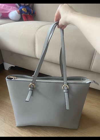 H&M Shooper Bag Gri Deri Büyük Alışveriş Çantası - Görsel 2