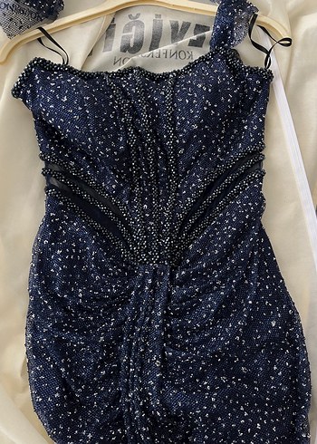 Straplez Drapeli Lacivert Uzun Abiye - Görsel 4