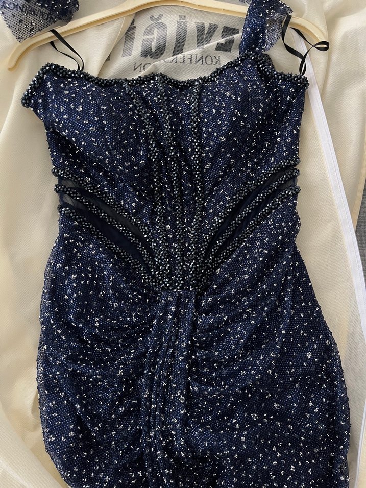 Straplez Drapeli Lacivert Uzun Abiye - Görsel 4