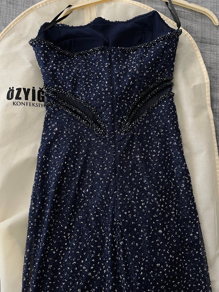 Straplez Drapeli Lacivert Uzun Abiye - Görsel 3