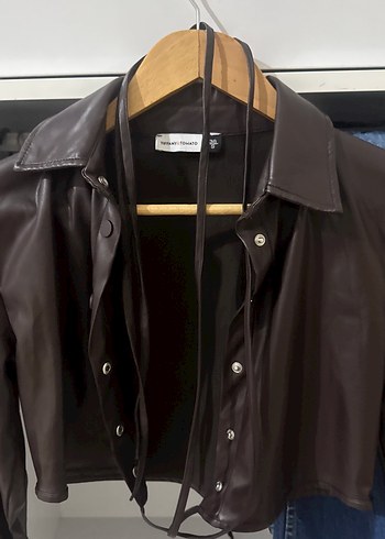 Düğmeli Kahverengi Deri Kadın Ceket - Görsel 2