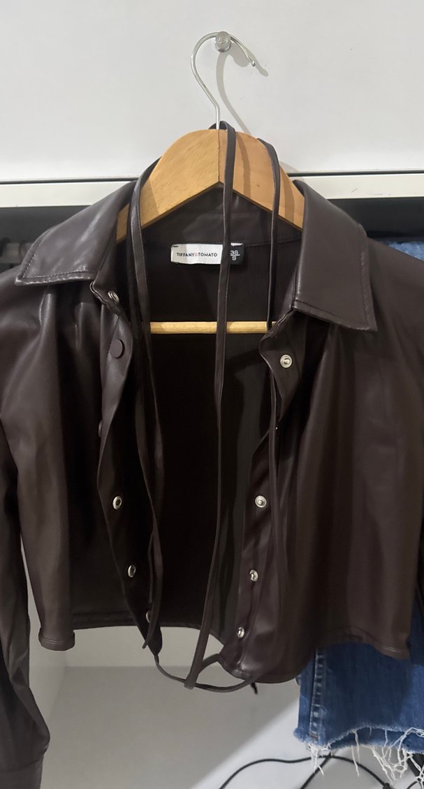 Düğmeli Kahverengi Deri Kadın Ceket - Görsel 2