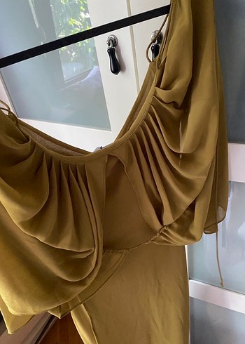 V Yaka Koyu Haki Uzun Kadın Elbise - Görsel 6